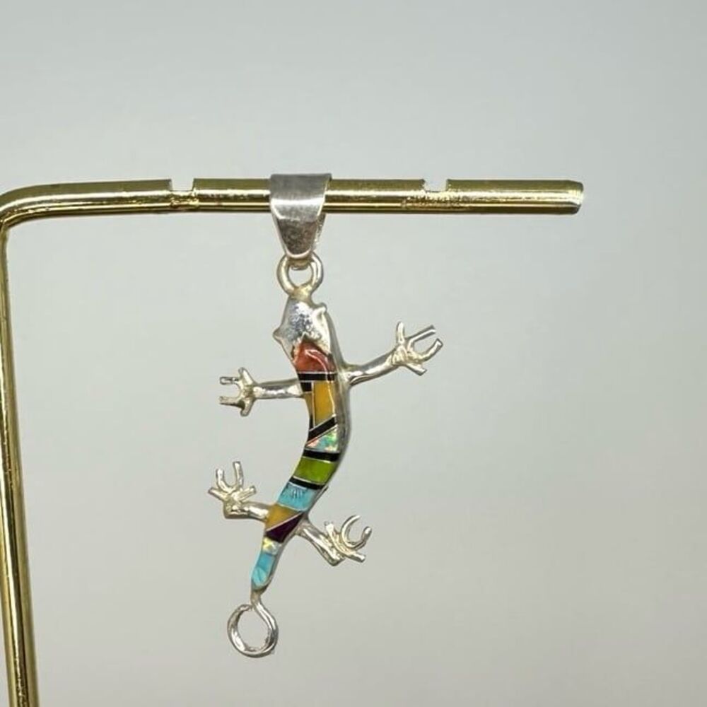 Native Sterling Silver Mosaic Inlaid Multicolored Stone Lizzard Gecko Pendant